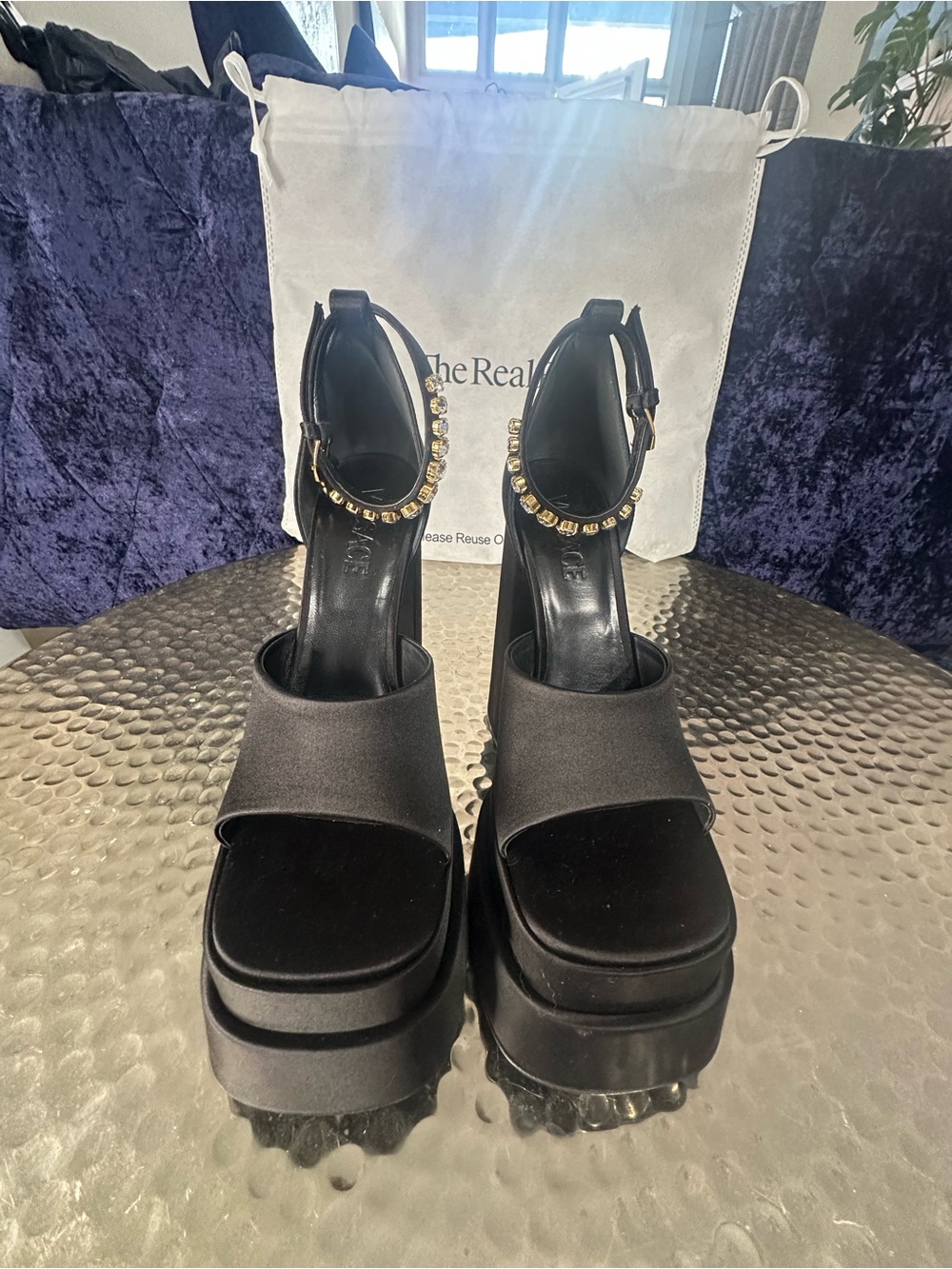 Versace Black Platform Sandals with Jeweled Ankle Straps